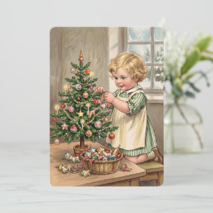 Vintage Child Decorating Christmas Tree Flat Card