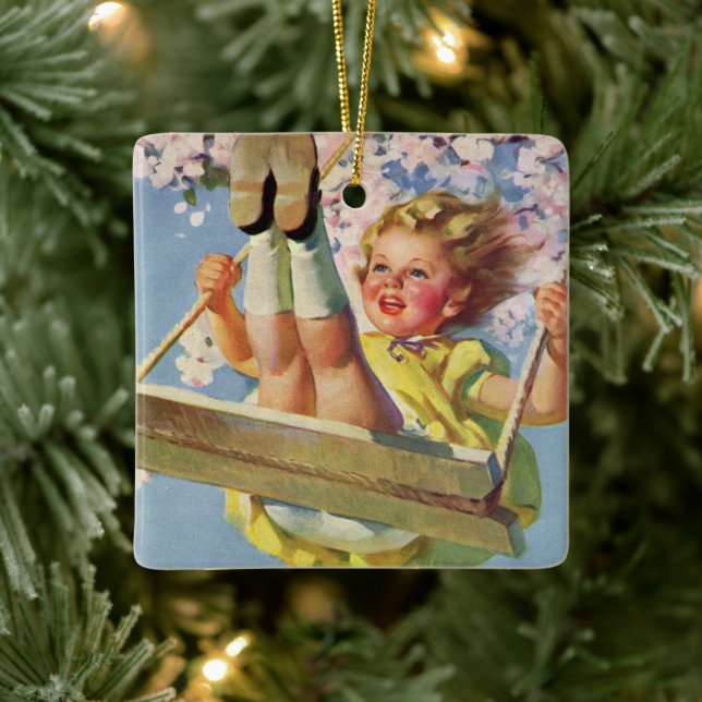 Vintage Child, Girl Swinging on a Tree Swing Play Ceramic Ornament (Tree)