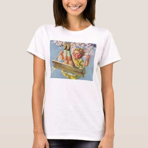 Vintage Child Girl Swinging on a Tree Swing Play T_Shirt