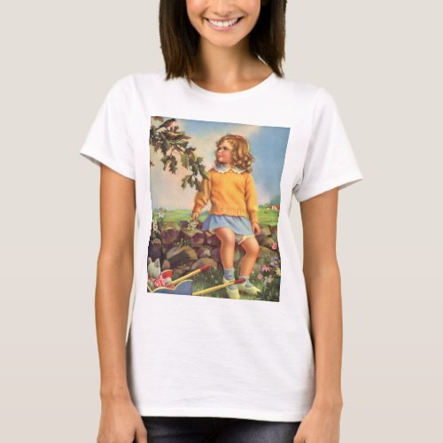 Vintage Child Girl Watching Birds in Tree Spring T_Shirt