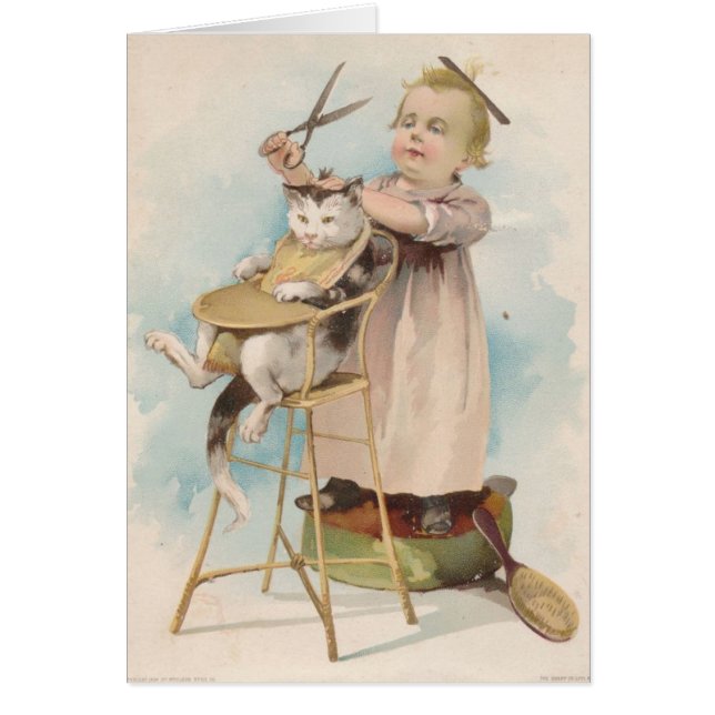 Vintage - Child Gives Cat a Haircut, (Front)