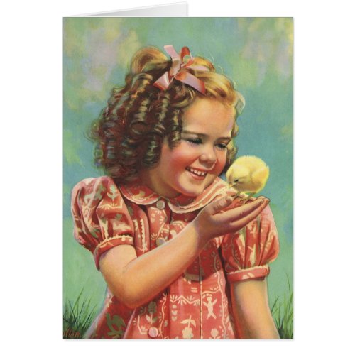 Vintage Child Happy Smile Girl with Baby Chick