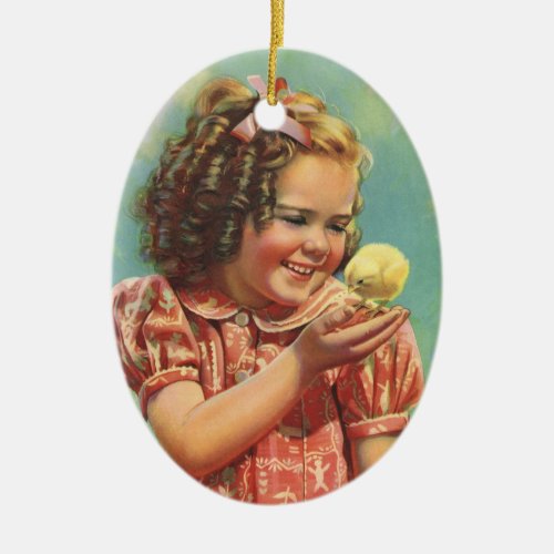 Vintage Child Happy Smile Girl with Baby Chick Ceramic Ornament