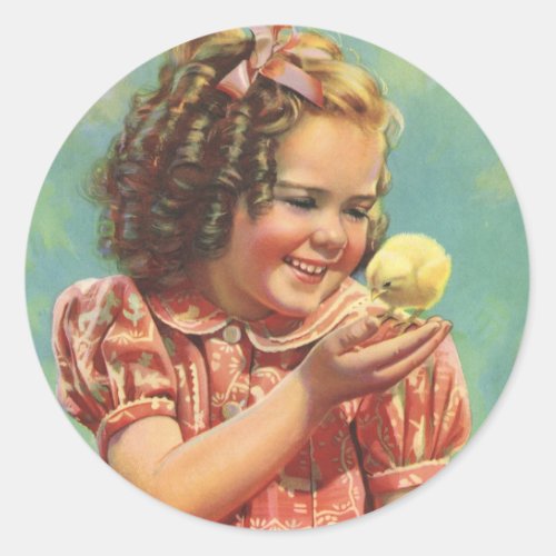 Vintage Child Happy Smile Girl with Baby Chick Classic Round Sticker