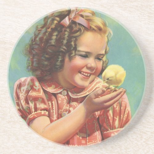 Vintage Child Happy Smile Girl with Baby Chick Drink Coaster