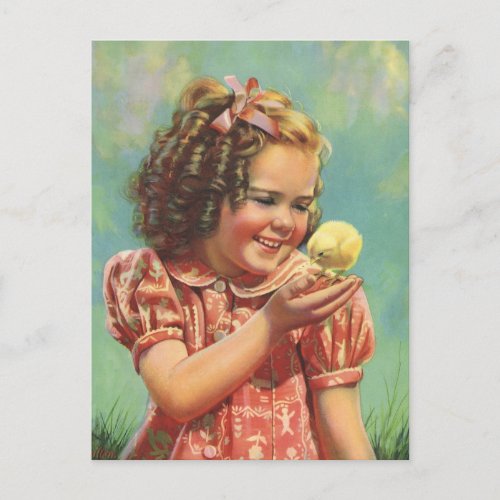 Vintage Child Happy Smile Girl with Baby Chick Postcard