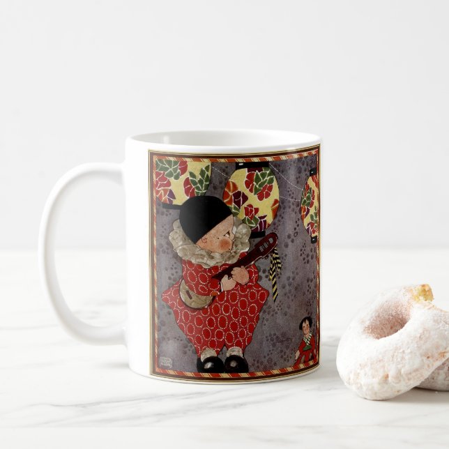Vintage Child Harlequin, Musician Playing Banjo Coffee Mug (With Donut)