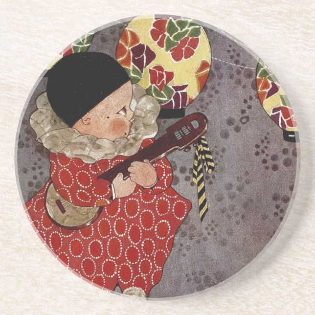 Vintage Child Harlequin, Musician Playing Banjo Drink Coaster (Front)