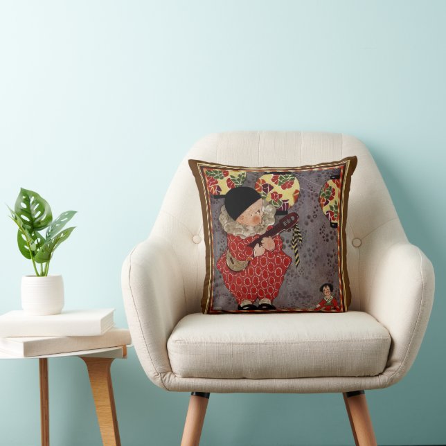 Vintage Child Harlequin, Musician Playing Banjo Throw Pillow (Chair)