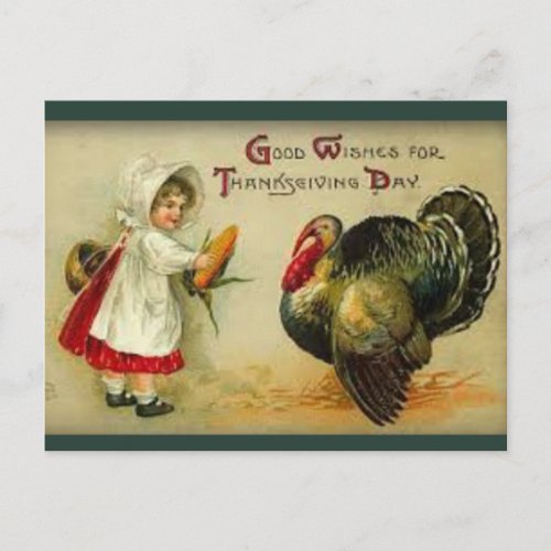Vintage Child Offers Corn to Turkey Thanksgiving Postcard