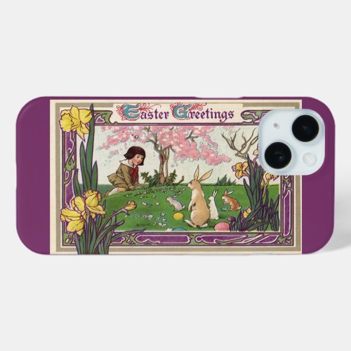 Vintage Child on an Easter Egg Hunt with Animals iPhone 15 Case