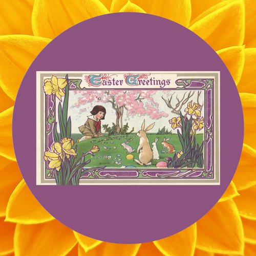 Vintage Child on an Easter Egg Hunt with Animals Classic Round Sticker