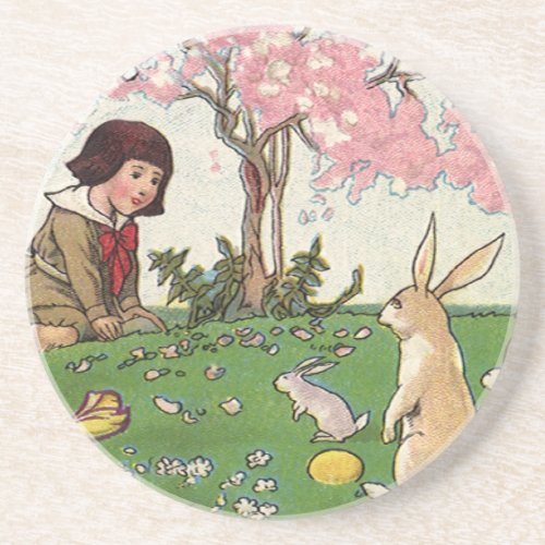 Vintage Child on an Easter Egg Hunt with Animals Coaster