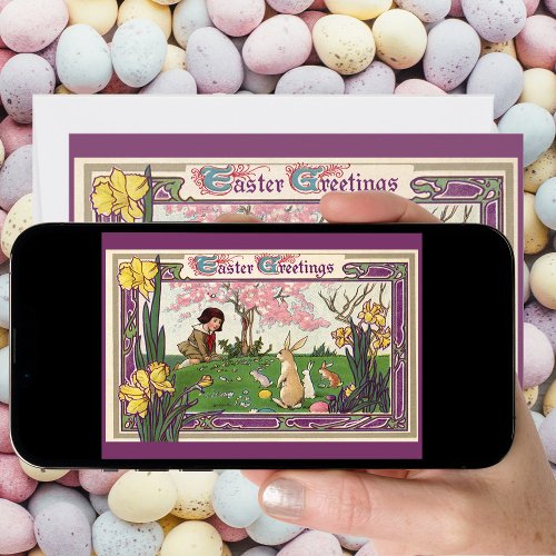 Vintage Child on an Easter Egg Hunt with Animals Holiday Card