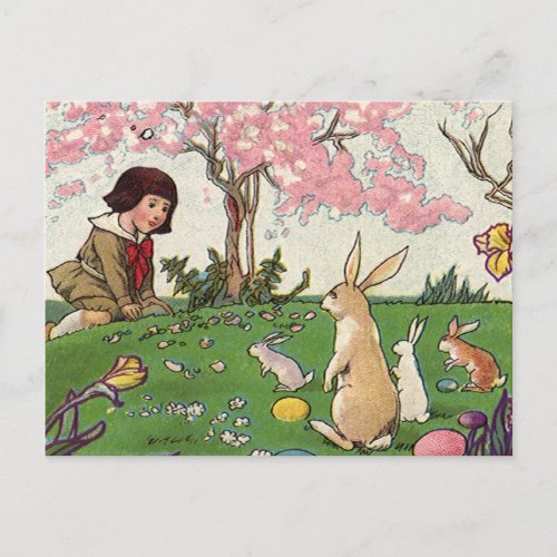 Vintage Child on an Easter Egg Hunt with Animals Holiday Postcard