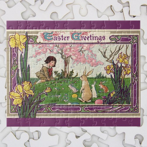 Vintage Child on an Easter Egg Hunt with Animals Jigsaw Puzzle