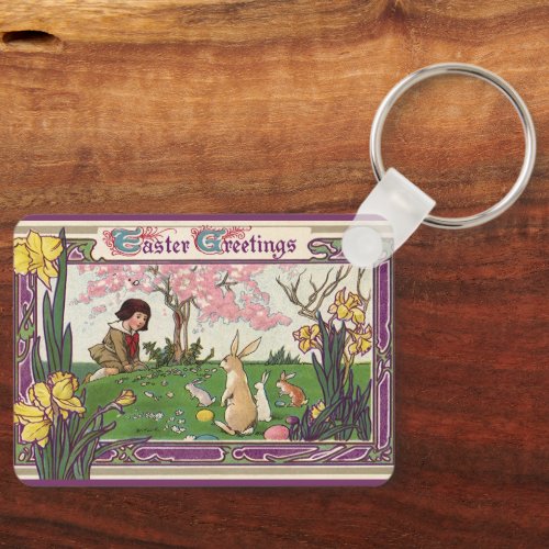Vintage Child on an Easter Egg Hunt with Animals Keychain