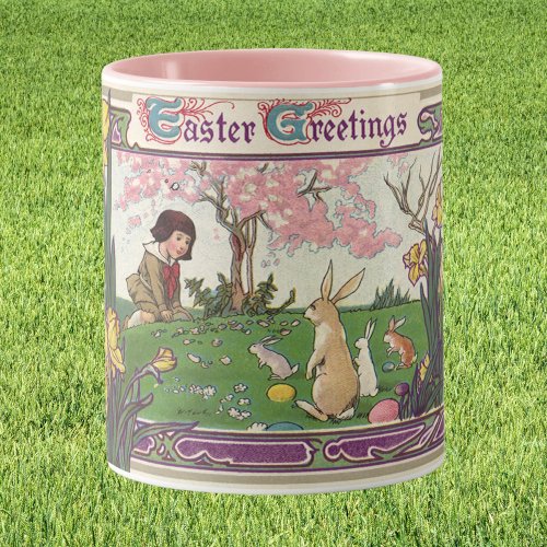 Vintage Child on an Easter Egg Hunt with Animals Mug