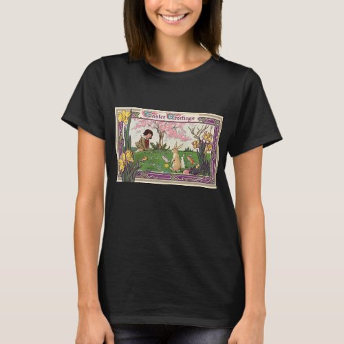 Vintage Child on an Easter Egg Hunt with Animals T_Shirt