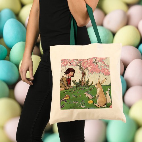 Vintage Child on an Easter Egg Hunt with Animals Tote Bag