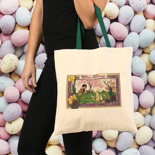 Vintage Child on an Easter Egg Hunt with Animals Tote Bag