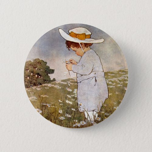Vintage child picking daisy flowers button