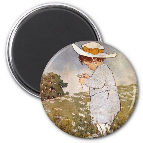 Vintage child picking daisy flowers magnet