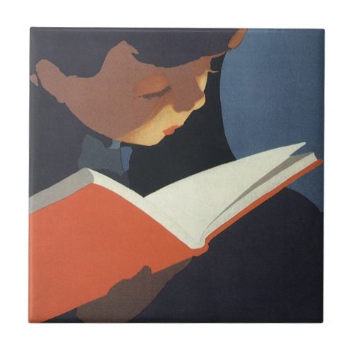 Vintage Child Reading a Book From the Library Ceramic Tile