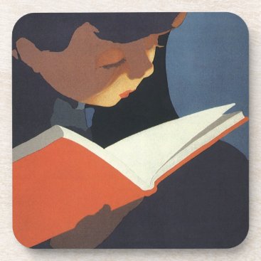 Vintage Child Reading a Book From the Library Coaster