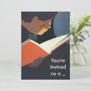 Vintage Child Reading a Book From the Library Invitation