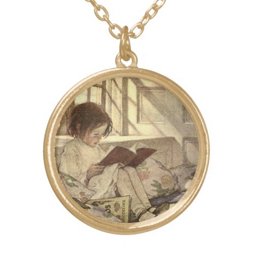 Vintage Child Reading a Book Jessie Willcox Smith Gold Plated Necklace