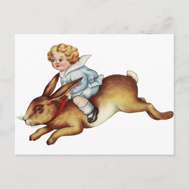 Vintage Child Rides Bunny Rabbit Postcard (Front)
