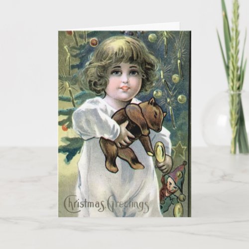 Vintage child teddy bear tree greeting card