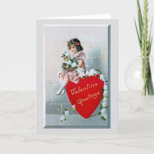 Vintage Child wValentine Greetings on Red Heart Holiday Card