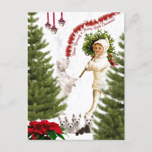 Vintage Child  Westie Wishes For Merry Christmas Holiday Postcard
