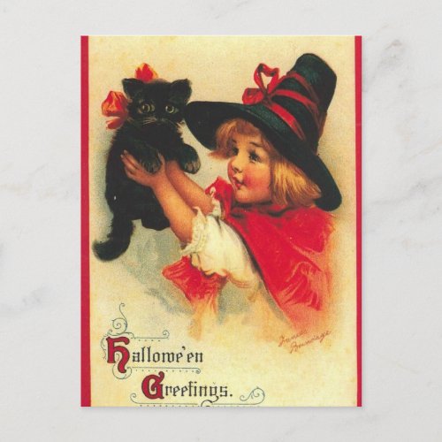 Vintage Child Witch And Black Cat Postcard