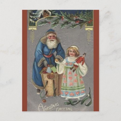Vintage Child With Blue St Nick Christmas Postcard