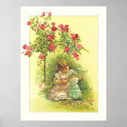 Vintage Child With Doll and Roses Storybook Page Poster