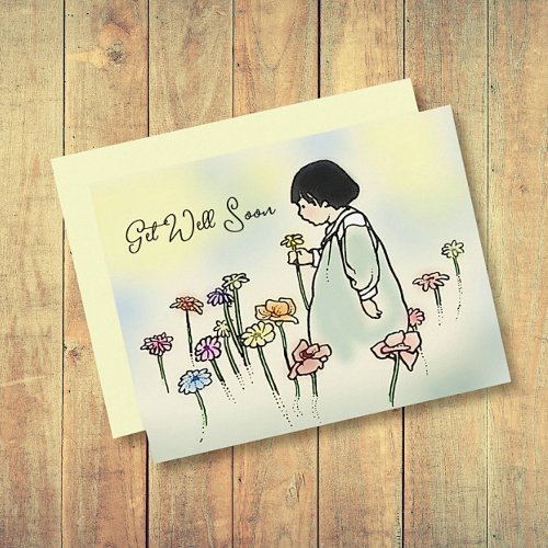 Vintage Child with Flowers Get Well Card 