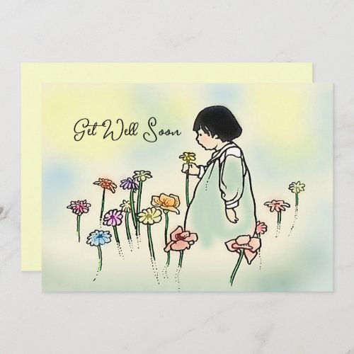 Vintage Child with Flowers Get Well Card 