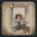 Vintage Child with Holly and Christmas Greetings Square Sticker<br><div class="desc">Antique Christmas card illustration featuring lovely child with dark hair in winter with basket of holly and bow with ornate Christmas Greetings and distressed sepia background.</div>