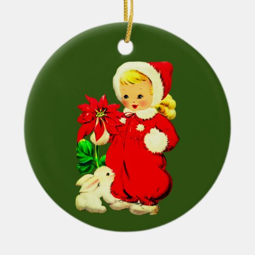 Vintage Child with Poinsettia  Rabbit Ceramic Ornament