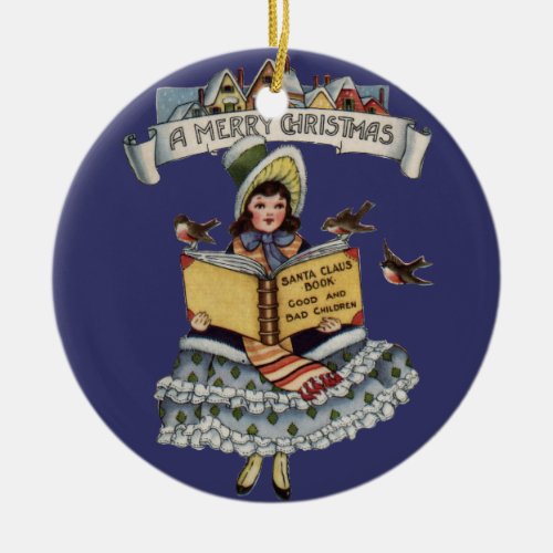 Vintage Child with Santa Claus Book Ceramic Ornament