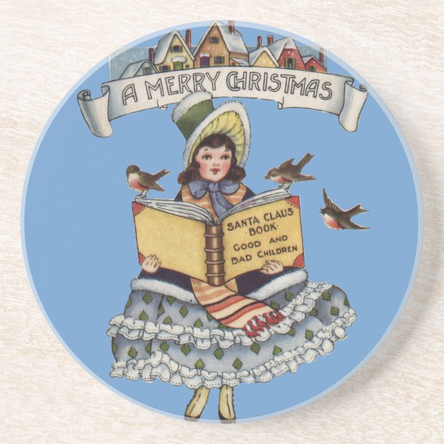 Vintage Child with Santa Claus Book Drink Coaster (Front)