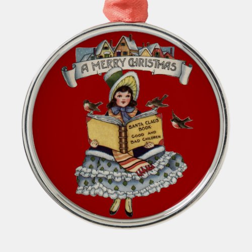Vintage Child with Santa Claus Book Metal Ornament