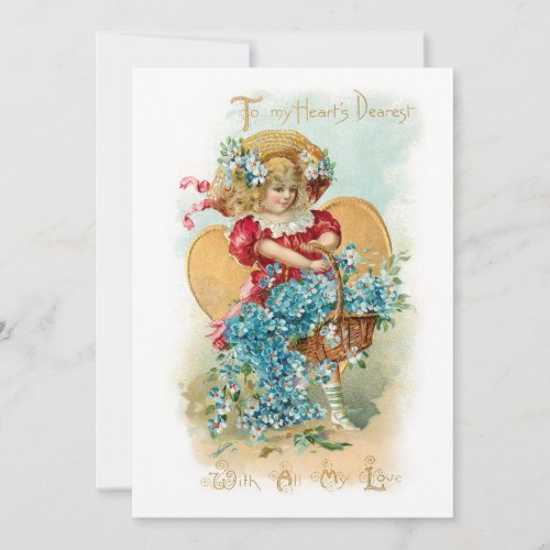 Vintage Child with Valentine Heart and Flowers Holiday Card