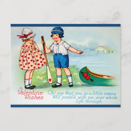 Vintage Children and a Canoe Valentine Postcard