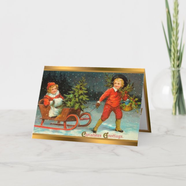 Vintage Children And Christmas Tree Holiday Card (Front)