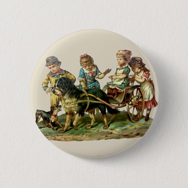 Vintage Children and Dog Wagon Button (Front)