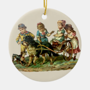 Vintage Children and Dog Wagon Ceramic Ornament